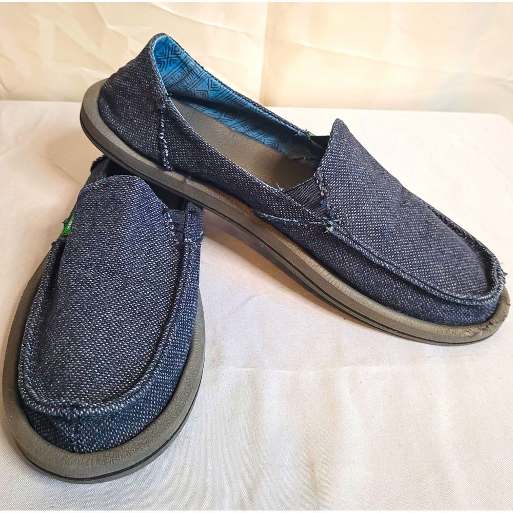 Sanuk Men's Gray/blue Canvas Slip-On Casual Shoes Round Toe Logo Solid